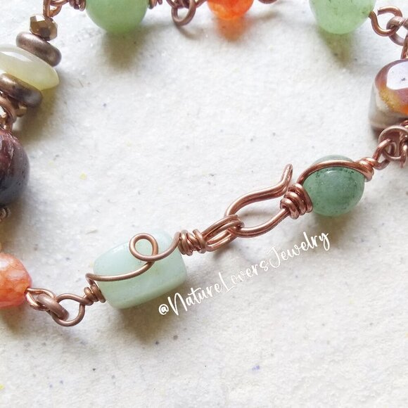 Uniquely Hand Crafted! Aventurine Agate Jasper Carnelian + Copper Bracelet - Picture 4 of 7